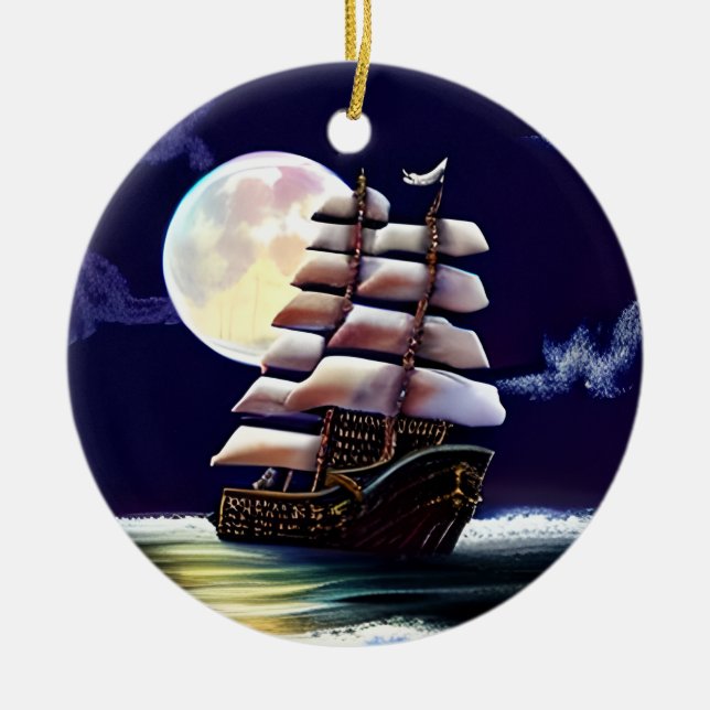 Leuchtendes Schiff auf dem Ozean unter dem Mond Keramik Ornament (Vorne)