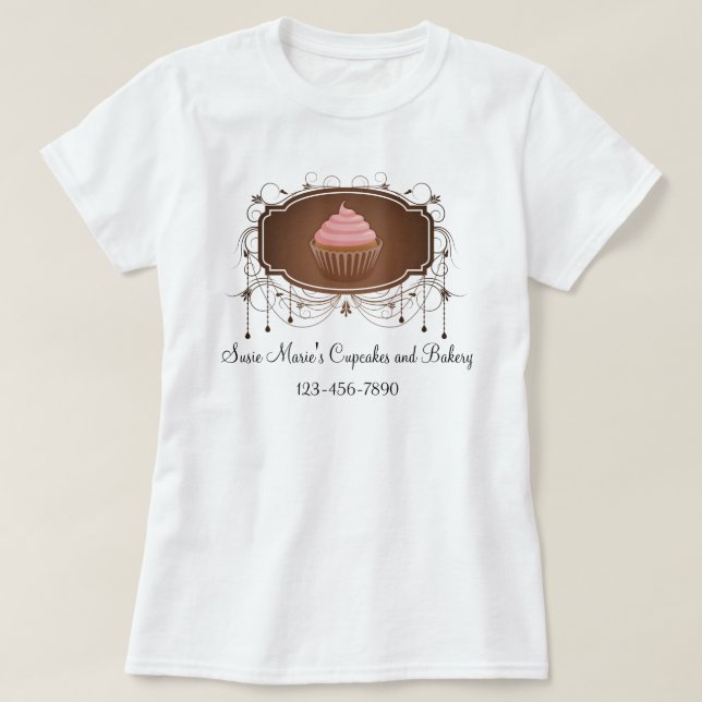 Leuchter-Rahmen-Kuchen-Rosa und Brown-Damast T-Shirt (Design vorne)