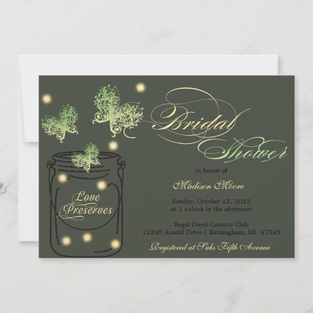 Leuchtkäfer-und Maurer-Glas-Brautparty - Grün Einladung (Vorderseite)