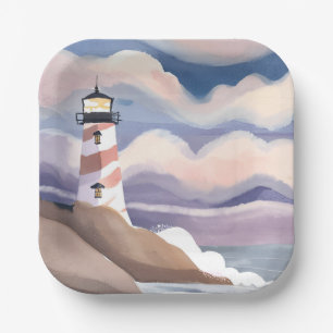 Leuchtturm am Meer Aquarell-Ozean-Gemälde Pappteller