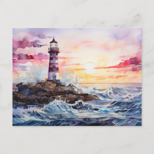 Leuchtturm am Meer bei Sonnenuntergang Aquarell Postkarte