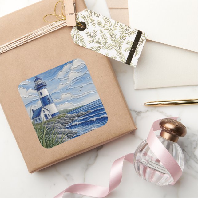 Leuchtturm am Meer  Quadratischer Aufkleber (Schenken)