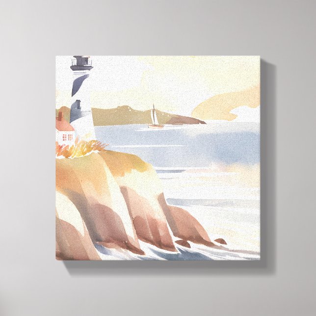 Leuchtturm an der Küste | Aquarellmeer Leinwanddruck (Vorderseite)