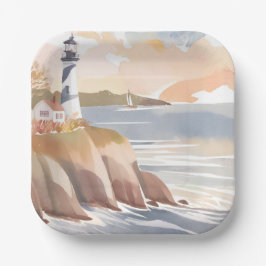 Leuchtturm an der Küste | Aquarellmeer Pappteller