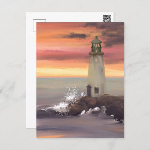 Leuchtturm an der Küste mit rosa und orangefarbene Postkarte