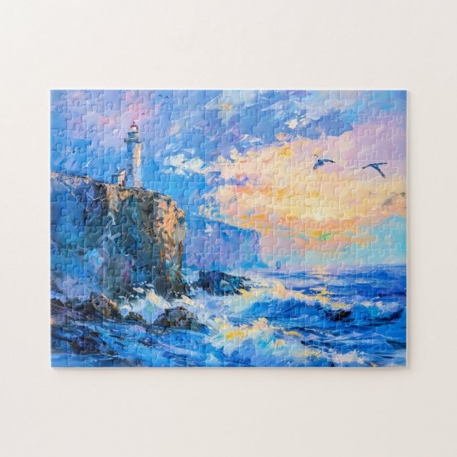 Leuchtturm an der Rocky Coast Impressionist Seasca Puzzle (Horizontal)
