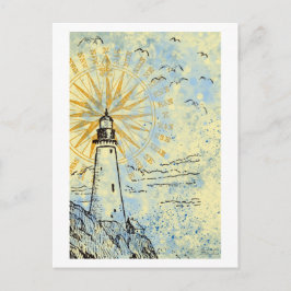 Leuchtturm auf der Klippe, Meeresspray, Möwen Postkarte