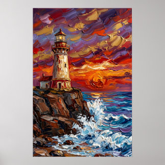 Leuchtturm bei dramatischem Sonnenuntergang Poster