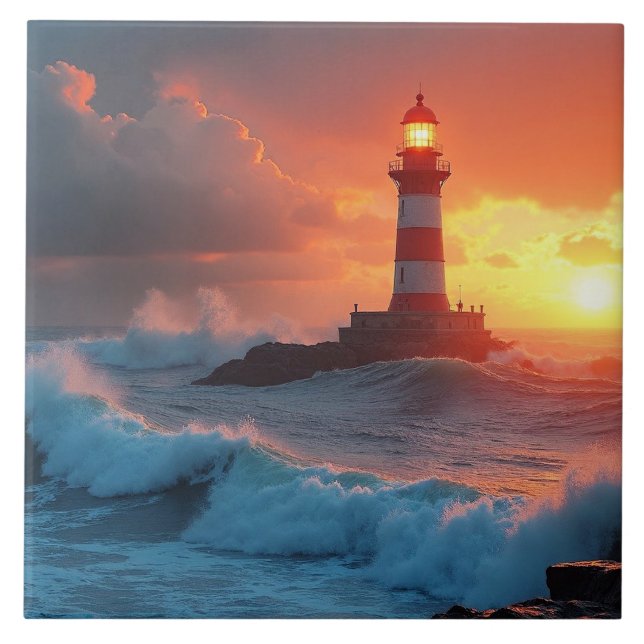 Leuchtturm bei Sonnenuntergang Fliese (Vorderseite)