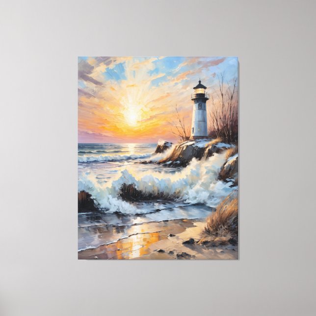 Leuchtturm bei Sonnenuntergang – Küstenimpressioni Leinwanddruck (Vorderseite)