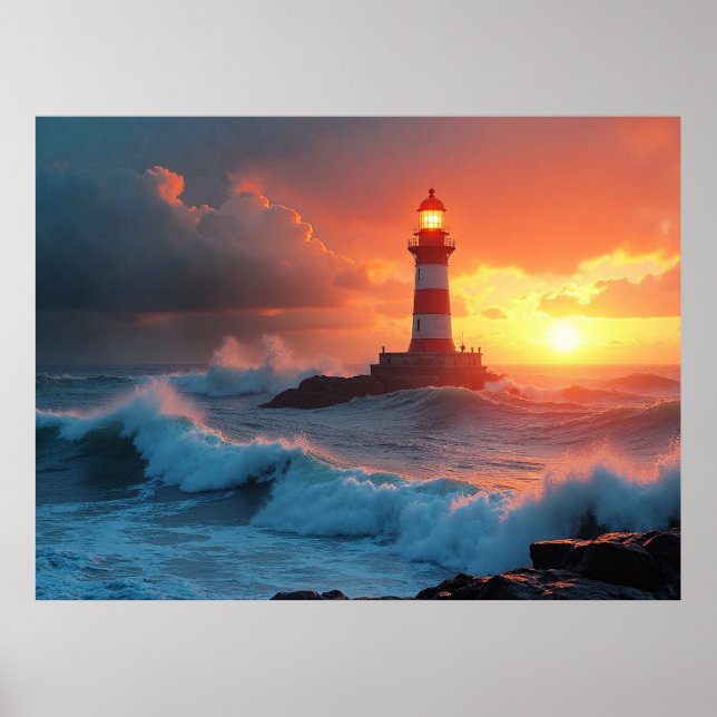 Leuchtturm bei Sonnenuntergang Poster (Vorne)