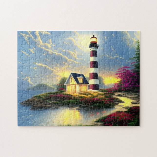 Leuchtturm bei Sunset Beautiful Beach Landschaft Puzzle (Horizontal)
