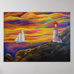 Leuchtturm bei Sunset Sailboat Landschaft Berg Poster