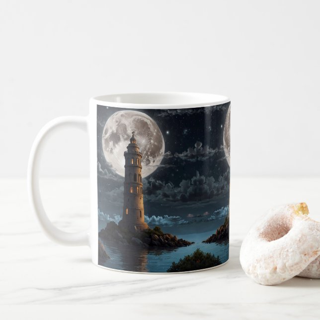 Leuchtturm beleuchtet durch Mondschein an einer kl Kaffeetasse (Mit Donut)