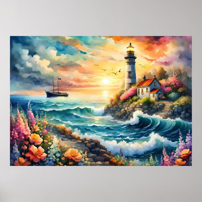 Leuchtturm Blumengarten am Meer Poster (Vorne)