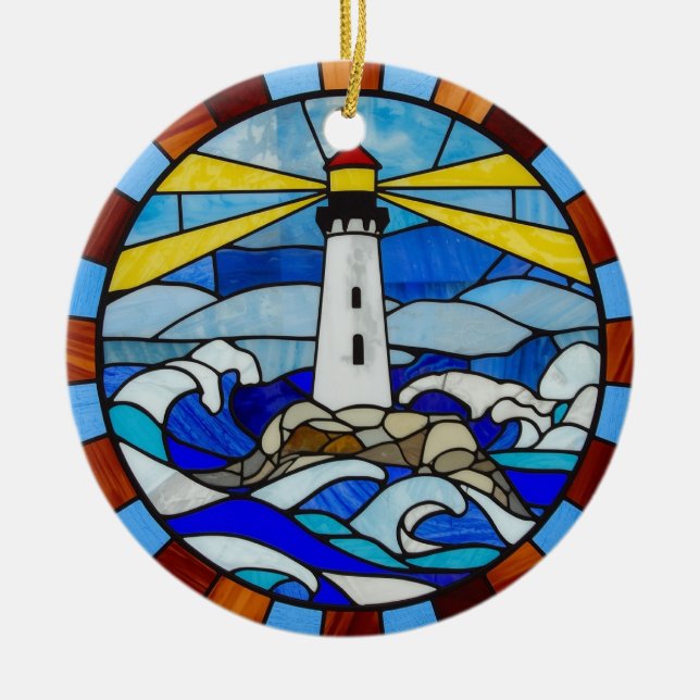 Leuchtturm-Buntglas-Design Keramik Ornament (Vorne)