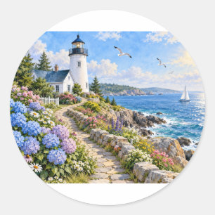 Leuchtturm-Hortensie am Meer, Küstenlandschaft run Runder Aufkleber