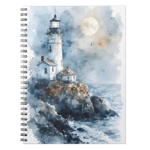 Leuchtturm im Mondlicht an einer felsigen Küste Notizblock