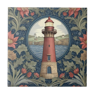 Leuchtturm im Stil von William Morris, Ozean, Meer Fliese