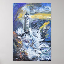 Leuchtturm in stürmischer See Impasto-Acrylgemälde