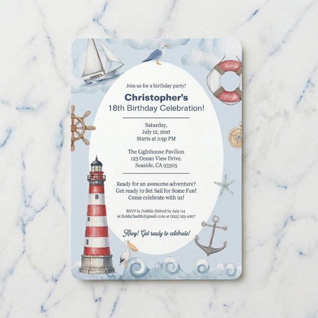 Leuchtturm-Küsten-Geburtstagsfeier Einladung (Classic nautical party vibes.)