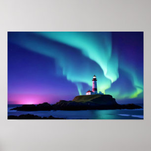 Leuchtturm Landschaft Küste Ozean Aurora Nacht Poster