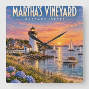Leuchtturm Martha's Vineyard Sunset Massachusetts Quadratische Wanduhr