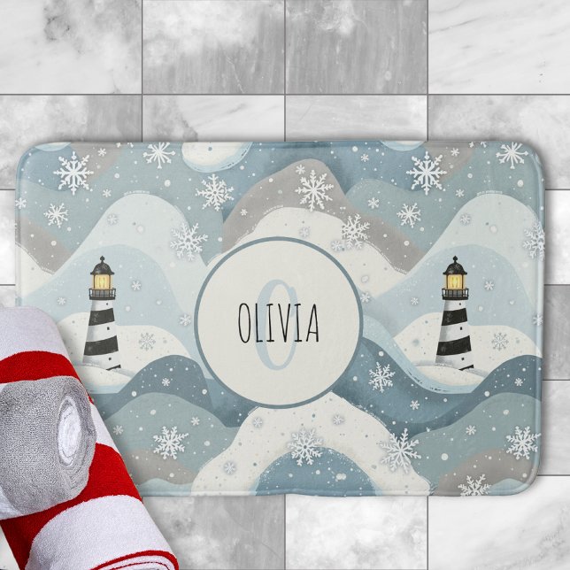Leuchtturm mit Eiswaves Winter Nautical Monogram Badematte (Von Creator hochgeladen)