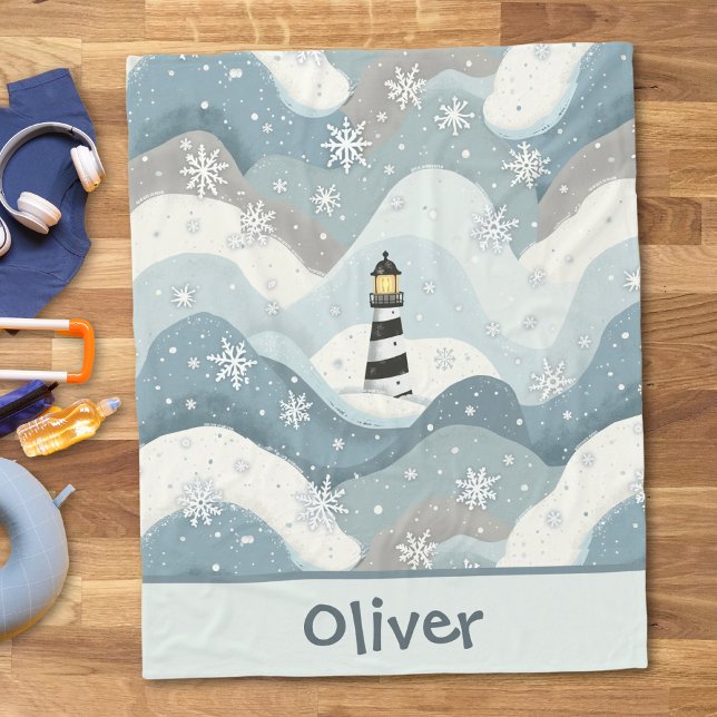 Leuchtturm mit Icy Waves & Snowflakes Fleecedecke (Von Creator hochgeladen)