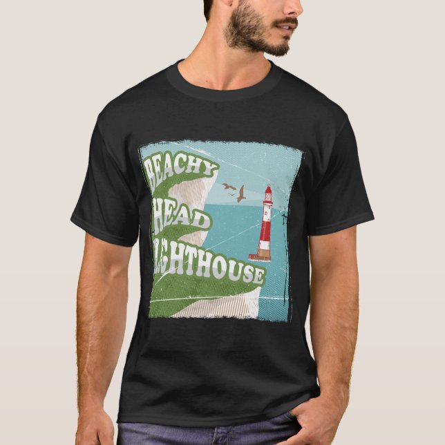 Leuchtturm mit Strandkopf Retroposter T-Shirt (Vorderseite)