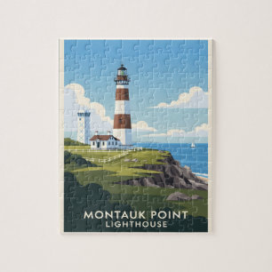 Leuchtturm Montauk Point, Küstenklippe und Segelbo Puzzle