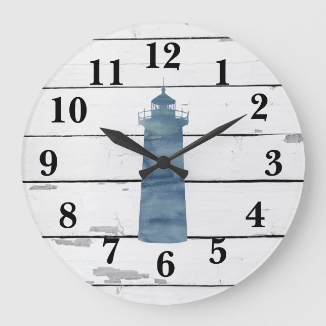 Leuchtturm Nautical Blue Shiplap Rustikale Dekorat Große Wanduhr (Vorderseite)