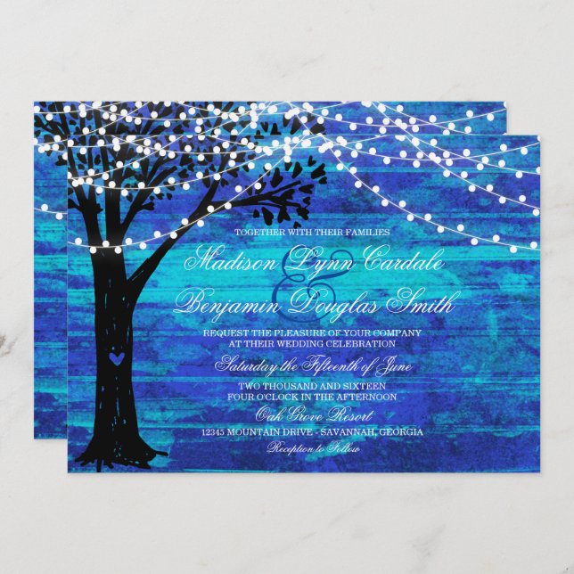 Leuchtturm Oak Tree Blue Wedding Einladungen (Vorne/Hinten)
