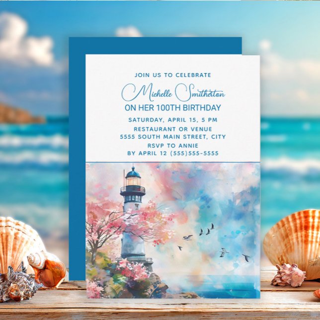 Leuchtturm Ocean Nautical 100. Geburtstag Einladung (Lighthouse/beach birthday party invitation)