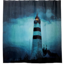 Leuchtturm Ozean dunkelblau regnerisch Nacht Duschvorhang