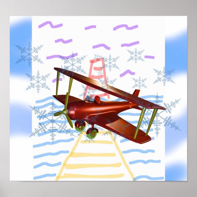 Leuchtturm Pier Biplane Blue Waves Poster (Vorne)