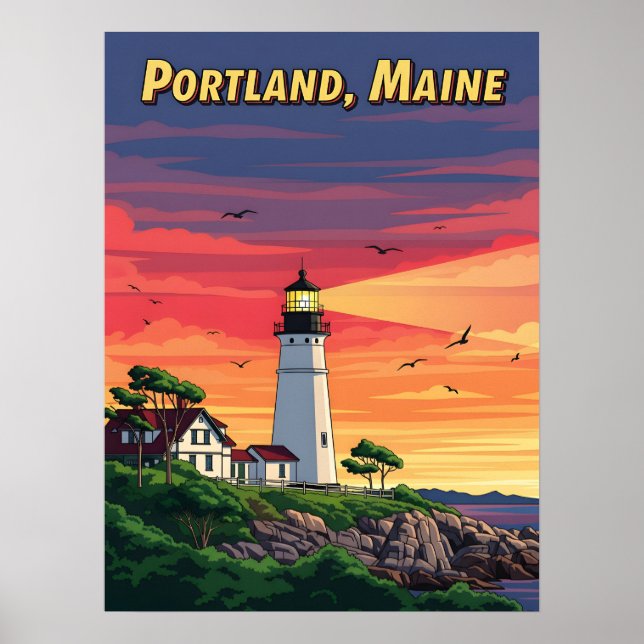 Leuchtturm Portland Maine bei Sonnenuntergang Poster (Vorne)
