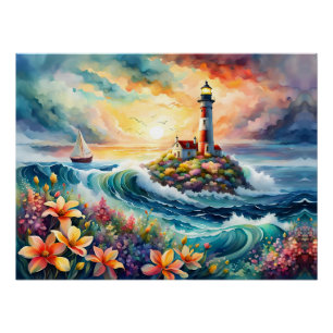 Leuchtturm Sailboat Floral Beauty Wasserfarbe Poster