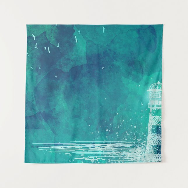 Leuchtturm & Seagulls - Aquarellfarben Wandteppich (Vorderseite)