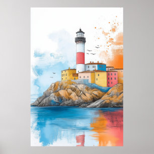 Leuchtturm Seakoast Illustration Pastel Zeichnend Poster