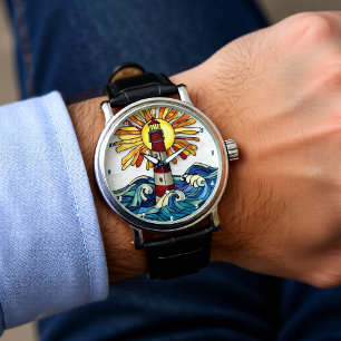 Leuchtturm Sonne Ozean Wellen Armbanduhr