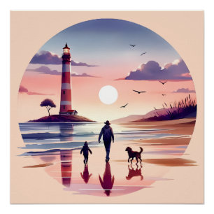 Leuchtturm-Sonnenuntergang-Spaziergang Küstenlands Poster