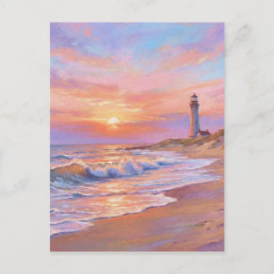 Leuchtturm Strand Sonnenuntergang - Pastell-Malsti Postkarte