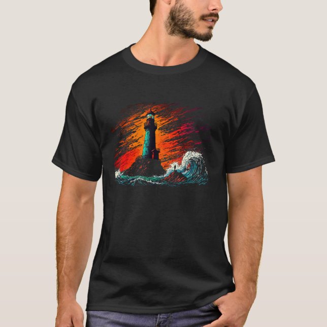 Leuchtturm Sturmwellen schöne Aquarellkunst T-Shirt (Vorderseite)