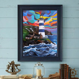 Leuchtturm über den Wellen Gemälde von Alfred Fox Poster