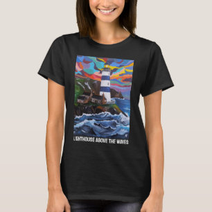 Leuchtturm über den Wellen Gemälde von Alfred Fox T-Shirt