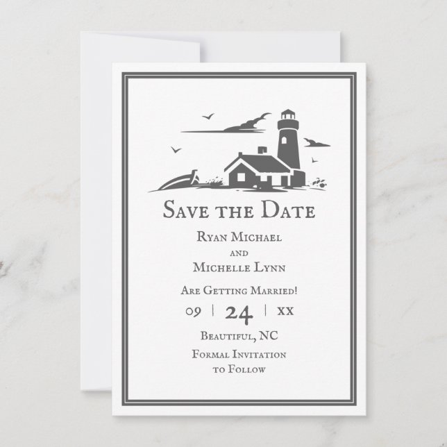 Leuchtturm und Boot Nautical Sea Beach Hochzeit Save The Date (Vorderseite)