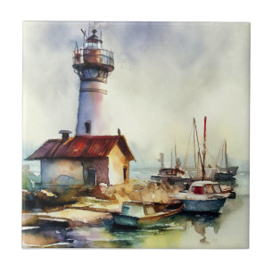 Leuchtturm und Boote Wasserfarben Kunst, Dichtung  Fliese