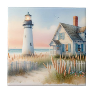 Leuchtturm und Cottage am Meer - Aquarellszene Fliese