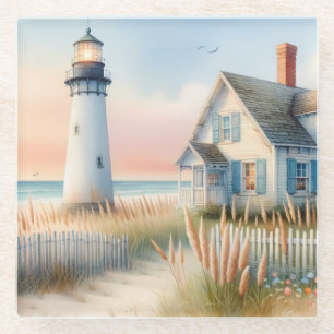Leuchtturm und Cottage am Meer - Aquarellszene Glasuntersetzer